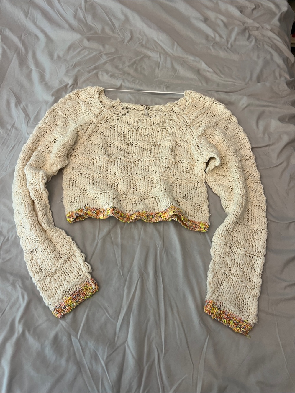 Free People Cream Cropped Knit Sweater with Multicolor Trim